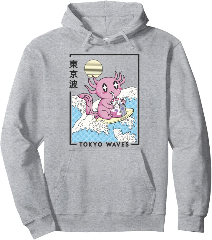 Axolotl Erdbeermilch, japanische Wellen, Kawaii, ästhetisch Pullover Hoodie