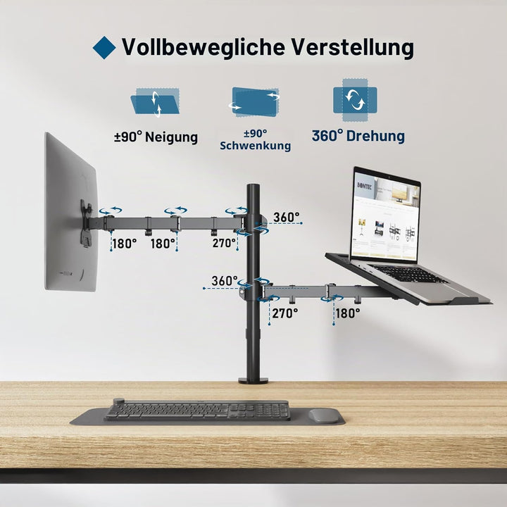 BONTEC Monitor Halterung mit Laptop Arm für 13-27 Zoll LCD LED Bildschirm bis zu 15,6“ Notebook, Nei