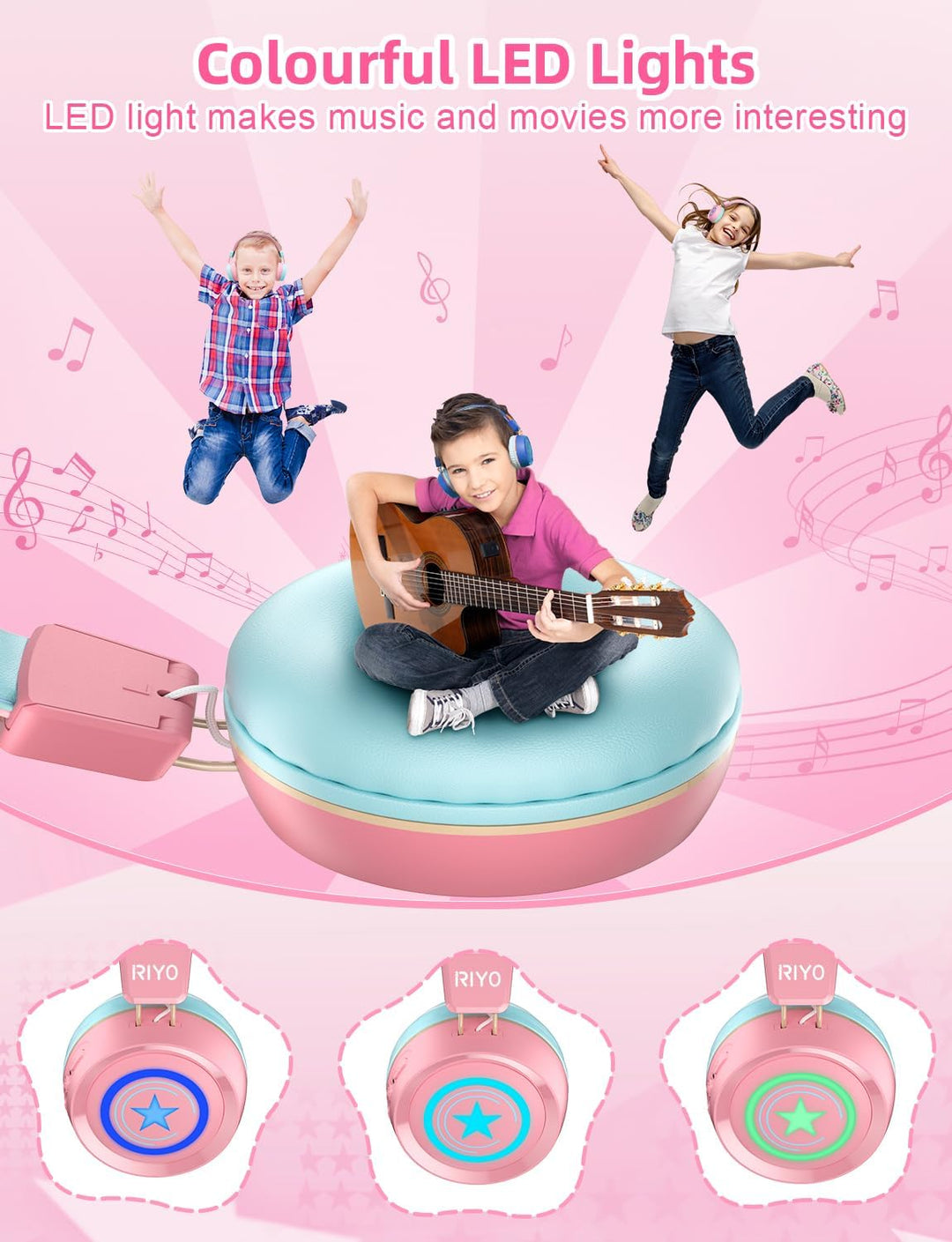 riyo Bluetooth Kopfhörer Kinder, Kinderkopfhörer Kabellos mit LED-Leuchten Bluetooth 5.0 Kinder Kopf