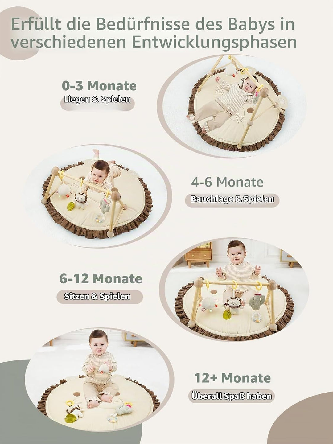 COTTONBEBE 4 IN 1 Spielbogen Baby, Spielmatte Babies mit Natur Holz Activity Spielbogen, 3 abnehmbar