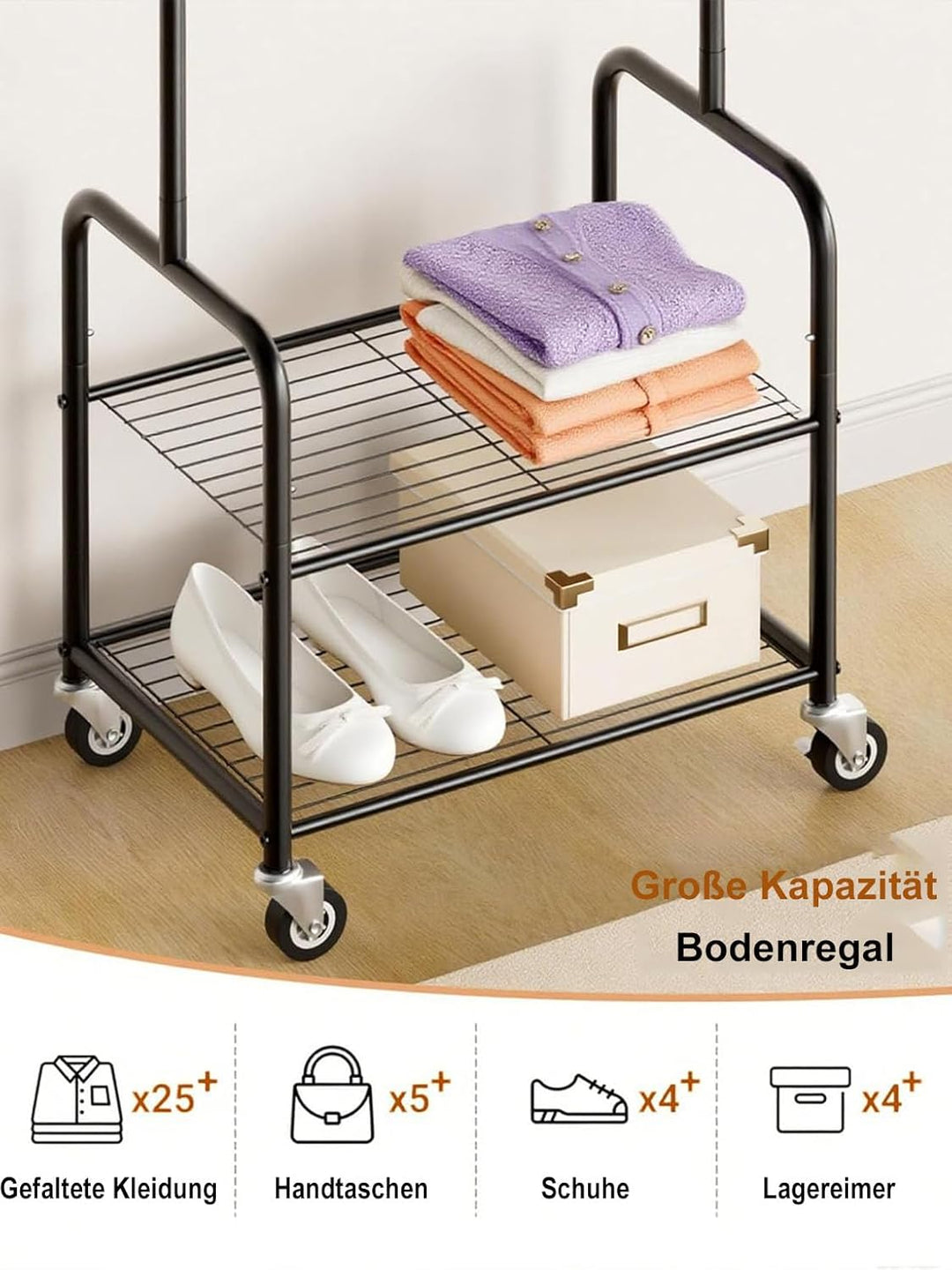 MISSLO Stabil Kleiderständer mit Rollen und Regalen 118 cm Grosse Kleiderstange aus Metall fürs Schl
