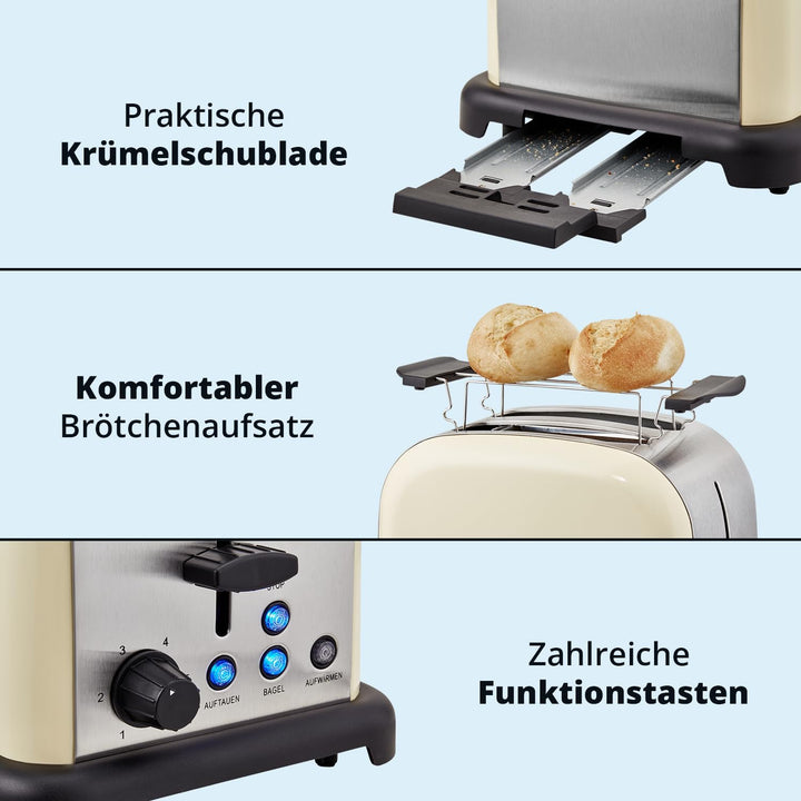 KHG Edelstahl Toaster mit Brötchenaufsatz, 2 Scheiben, 6 Bräunungsstufen mit Bräunungskontrolle, Krü