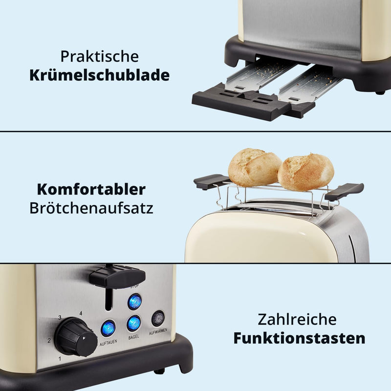 KHG Edelstahl Toaster mit Brötchenaufsatz, 2 Scheiben | 6 Bräunungsstufen mit Bräunungskontrolle, Kr