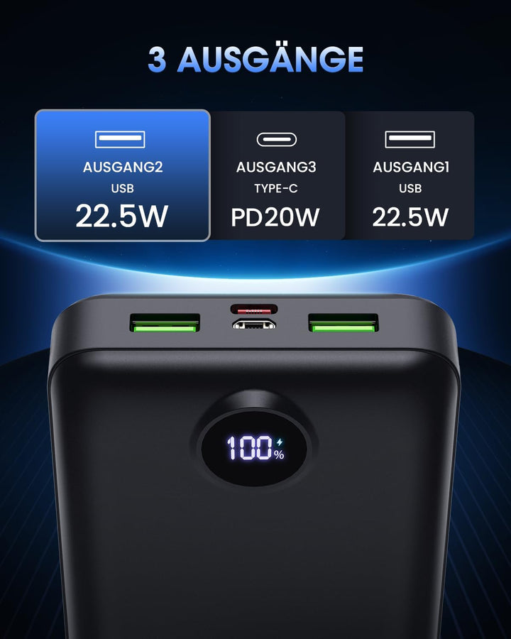 PowerBank 50000mAh grosse kapazität, 22,5W schnelles Aufladen USB-C 3 Ausgänge und 2 Eingänge LED ex