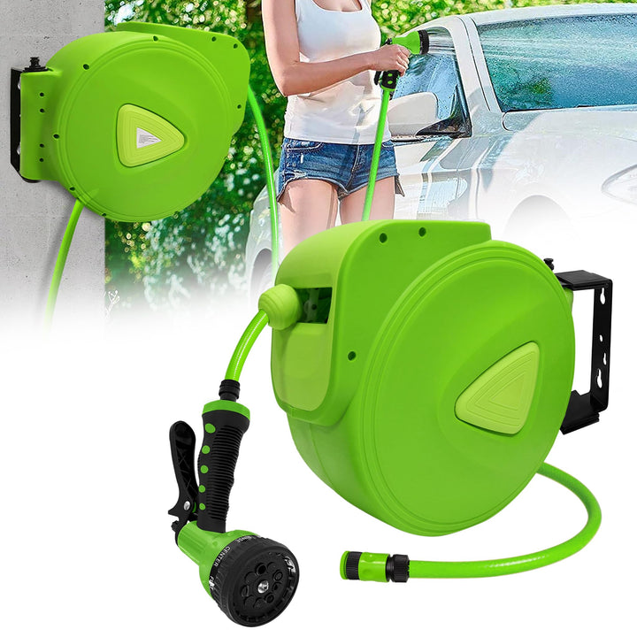 YRHome 20m Gartenschlauch Schlauchtrommel Wandmontage, Automatik Aufrollfunktion, 9 Funktionen Sprüh