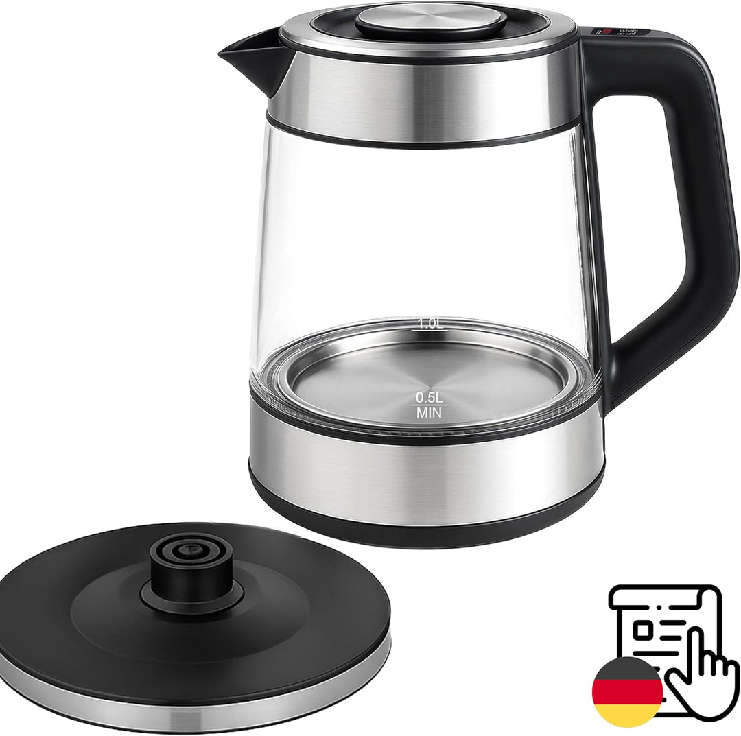 Retoo Elektrischer Glas Wasserkocher 1,7L, 2200W Schnellkochfunktion, Temperaturwahl 40–100°C, LED-B