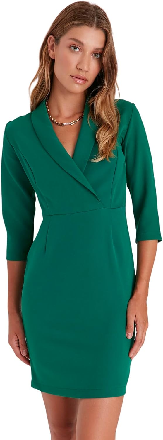 TRENDYOL Damen Woman Mini Gerüschter Saum Hochabschliessender Kragen Webstoff Kleid 42 Grün 01, 42 G
