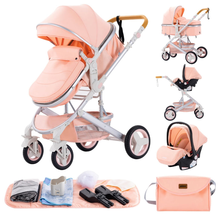 GLOKID Kinderwagen 3 in 1,Reisesysteme, Babywanne Buggy,Voll-Gummireifen,Mit Einem Klick Zusammenkla