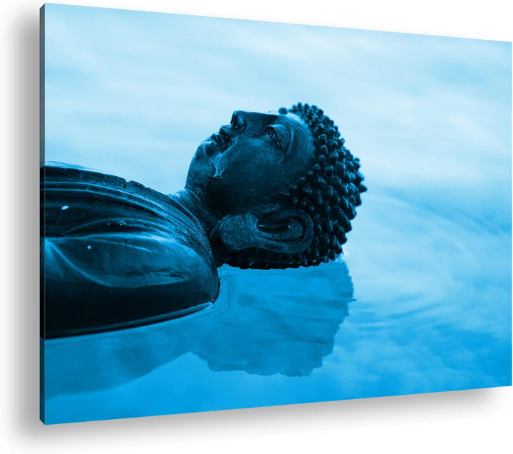deyoli Buddha Statue am Wasser Format 80x60 Effekt: Monocrome Blau als Leinwandbild, Motiv fertig ge