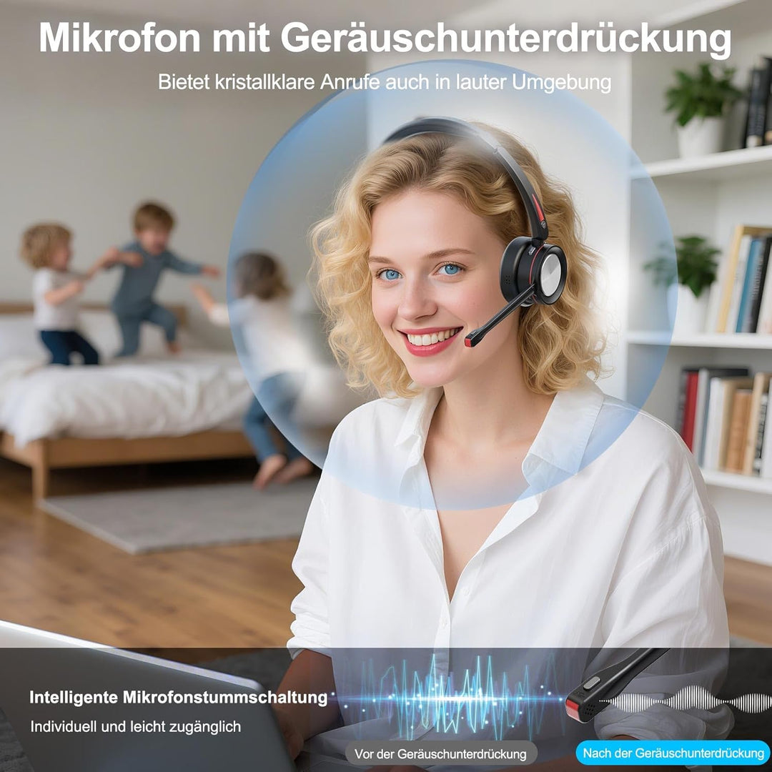 Headset mit Mikrofon Bluetooth, Mono Kabellose Headset für PC Laptop, Noise Canceling Wireless mit M