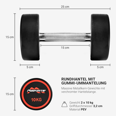 Rundhantel Premium 2er Set | Gummi Kurzhantel Beschichtung 2,5-50 kg | Griff verchromt und gerändelt