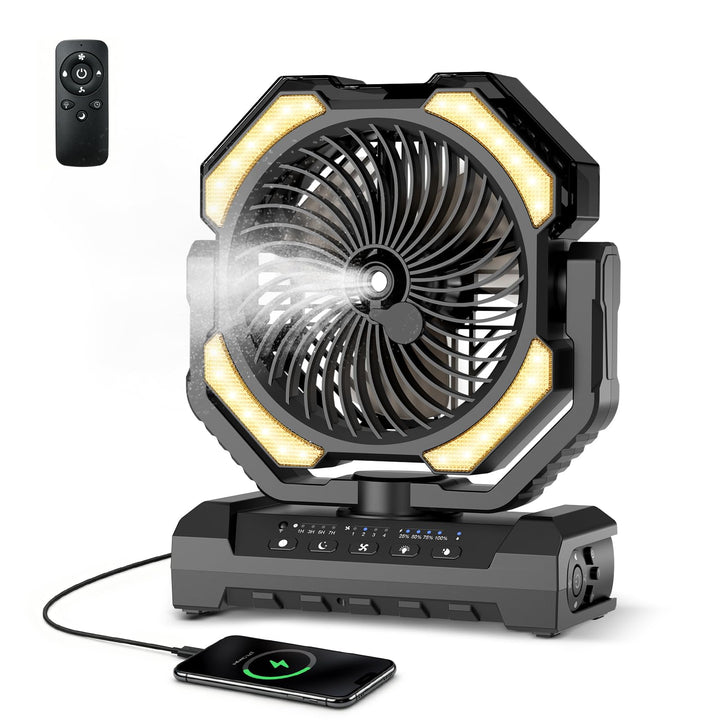 Camping Ventilator mit Sprühkühlung，Akku 20000 mAh & Fernbedienung, 250ml Tank, LED Licht, Aufhängeh