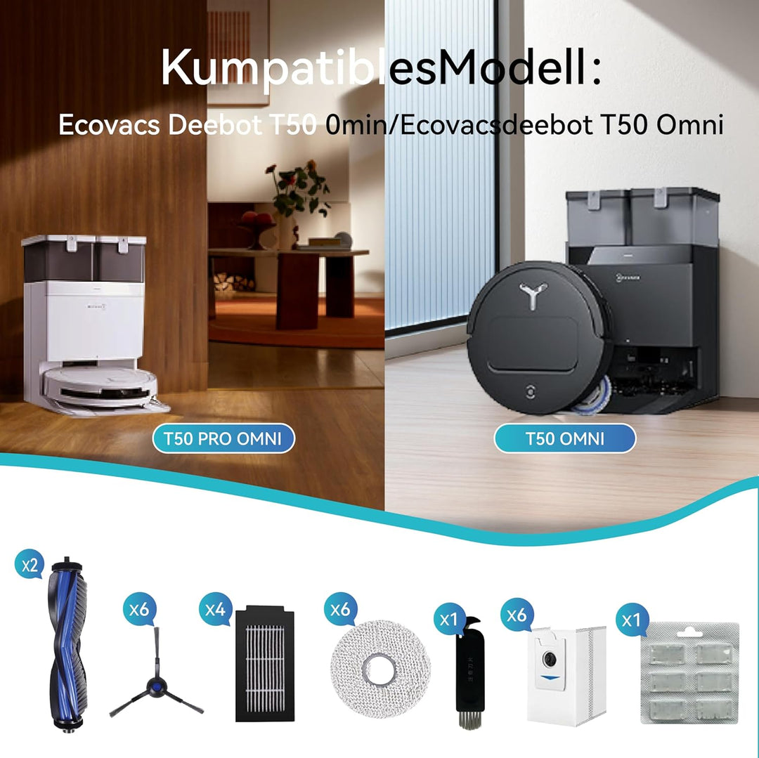 24 Stück Zubehör-Set Passend für Ecovacs Deebot T50 Omni/T50 Pro Omni, 1 Hauptbürste, 4 Filter, 6 Se