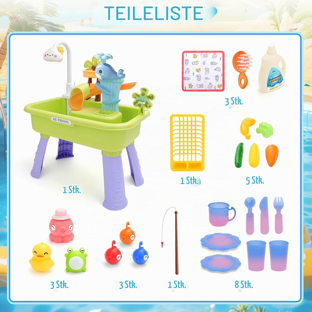 deAO 4-in-1 Kinder Waschbecken mit Wasserfunktion &amp; Sand- und Wassertisch – Wasserspieltisch Outdoor