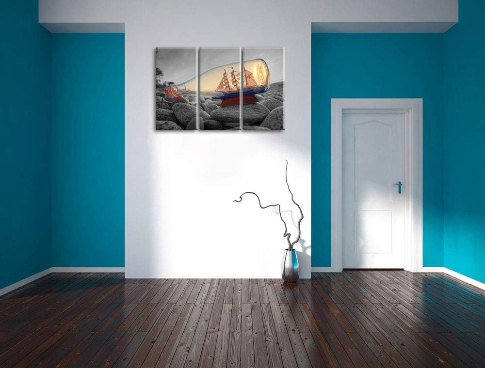 Schiff in Flasche am Steinstrand schwarz/weiss 3-Teiler Leinwandbild 120x80 Bild auf Leinwand, XXL r