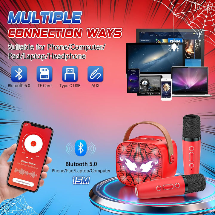 Spider Karaoke Maschine Kinder mit 2 Bluetooth Mikrofon - Weihnachts Geschenke Spielzeug für Mädchen