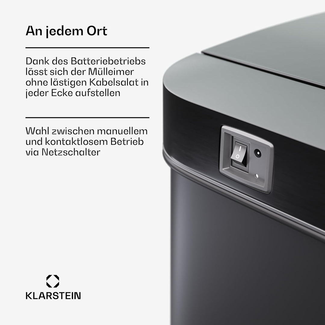 Klarstein Sensor-Mülleimer 60L - berührungslos mit Bewegungssensor & Soft-Close, Edelstahl, Mattschw