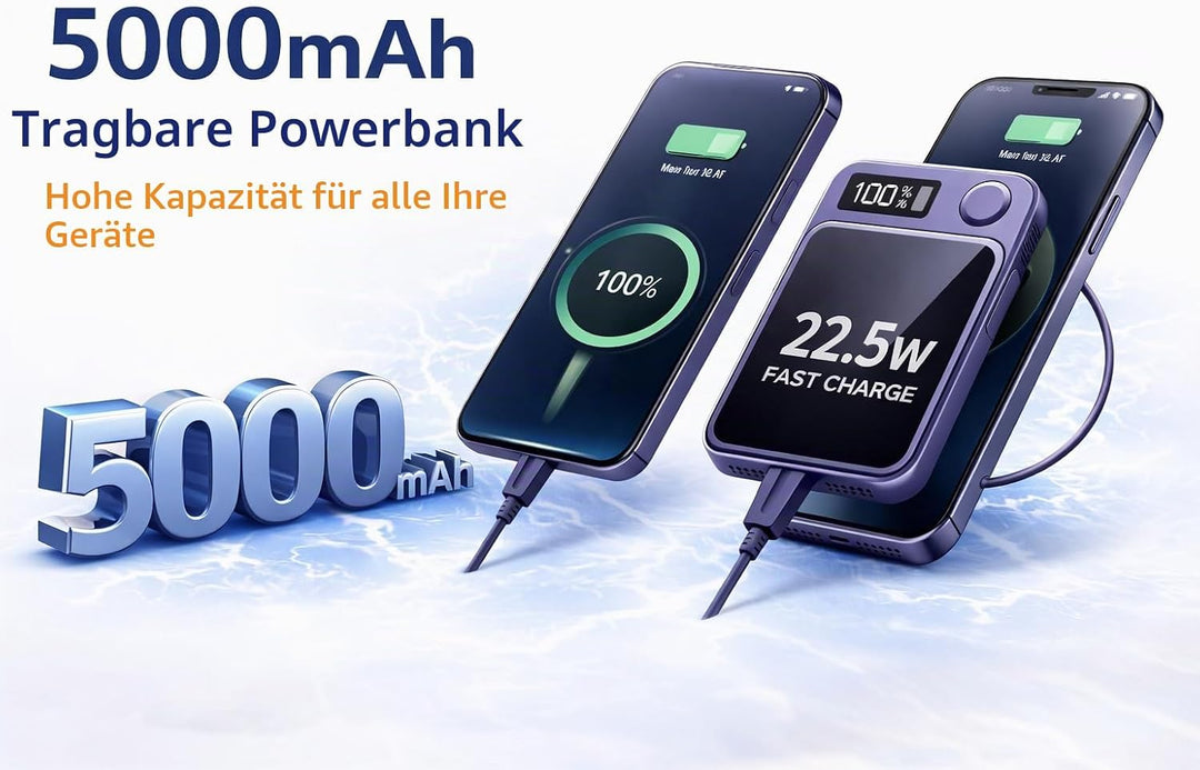 Magnetische Powerbank 10000mAh Mini 22.5W PD Schnellladen mit LED Display – kompatibel mit Samsung,