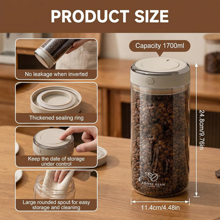 Kaffeedose Luftdicht Glas, 1700ML Vakuum Kaffeedose, Transparent Kaffeebohnen Aufbewahrung, Kaffeebe