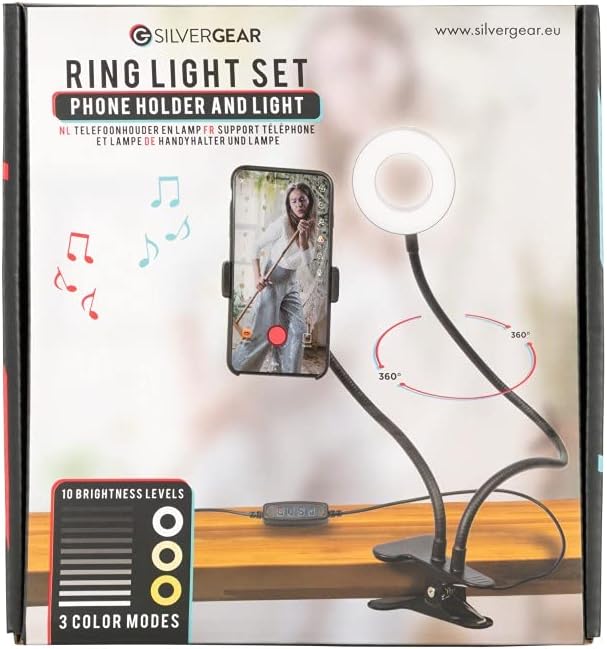 Silvergear Selfie Ringlicht mit Handyhalterung und Befestigungsklammer, LED, Dimmbar, 3 Farben, 10 H