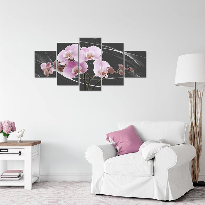 Runa Art Wandbilder Blumen Orchidee 5 Teilig Bild auf Vlies Leinwand Deko Wohnzimmer Abstrakt Grau R