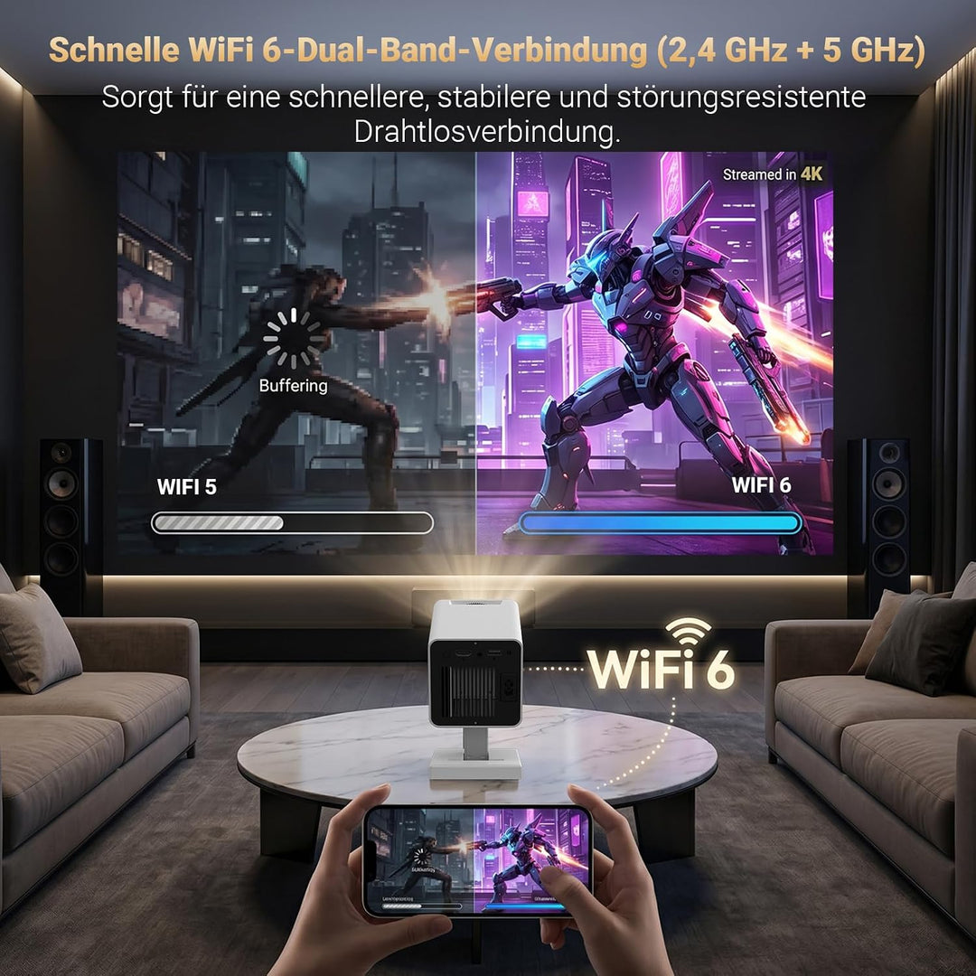 Mini Beamer 4K, Mini Projektor 1080P Unterstützt WiFi 6 BT 5.4, Beamer Klein Projektor mit Eingebaut