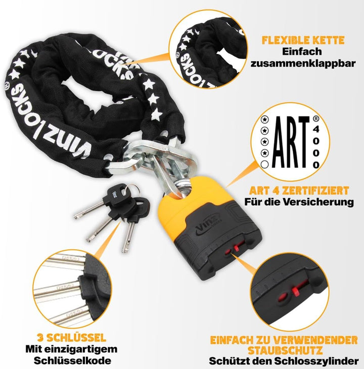 VINZ Makalu Kettenschloss ø10,5mm | ART 4 Zertifikat | Motorrad Schloss Moped Schloss Roller & E-sco