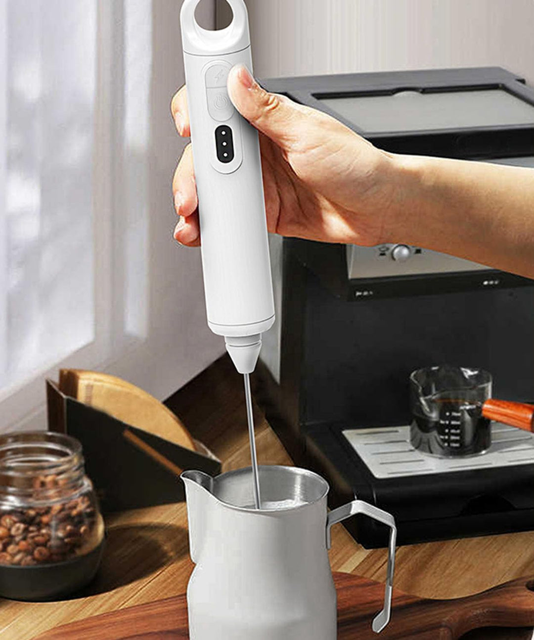 Meichoon Hand-Milchaufschäumer mit 3 Mischköpfen und 3 Geschwindigkeiten vollautomatisch und wiedera
