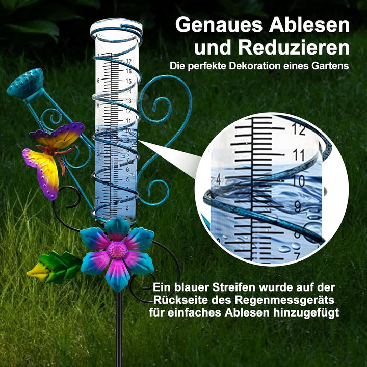 Solar Regenmesser für Garten mit Erdspiess und LED, Niederschlagsmesser Frostsicher Glas für Rasen,
