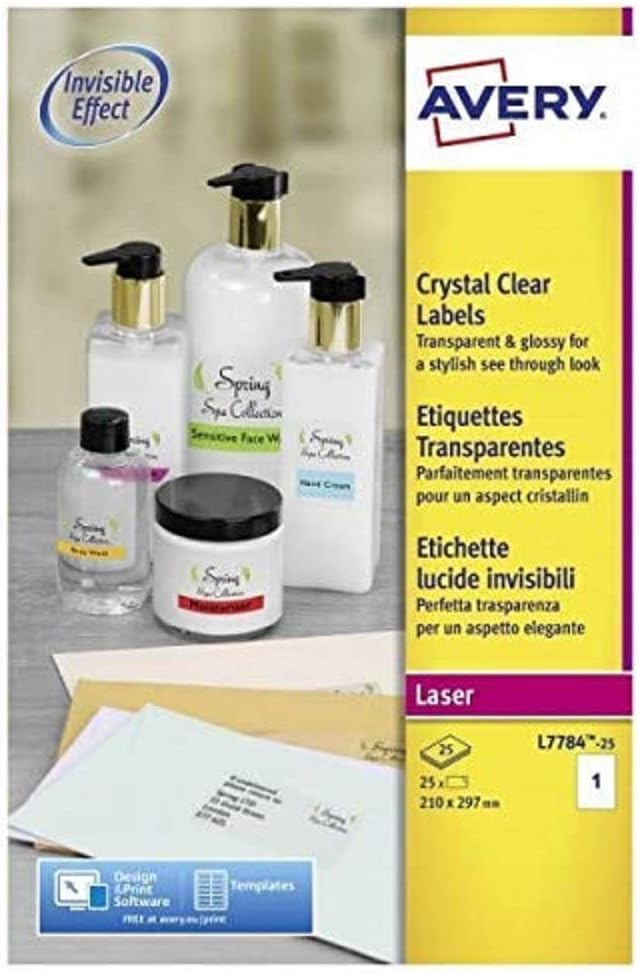 Avery Kristallklare Etiketten für Laserdrucker langlebig 1 pro Blatt 210 x 297 mm 25 Stück transpare