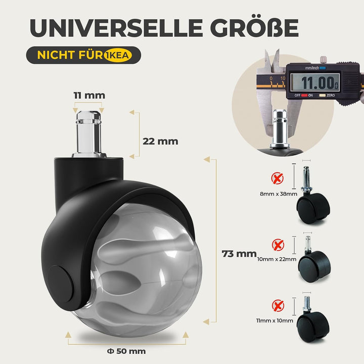 Sytopia Bürostuhl Rollen 5er Set in Grau, Rollen für Bürostühle 11 x 22 mm für Teppichböden, Hartbod