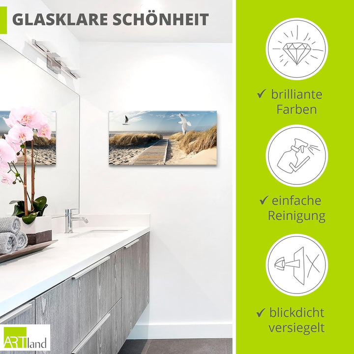 ARTland Glasbilder Wandbild Glas Bild einteilig 100x50 cm Querformat Strand Meer Nordsee Küste Möwen