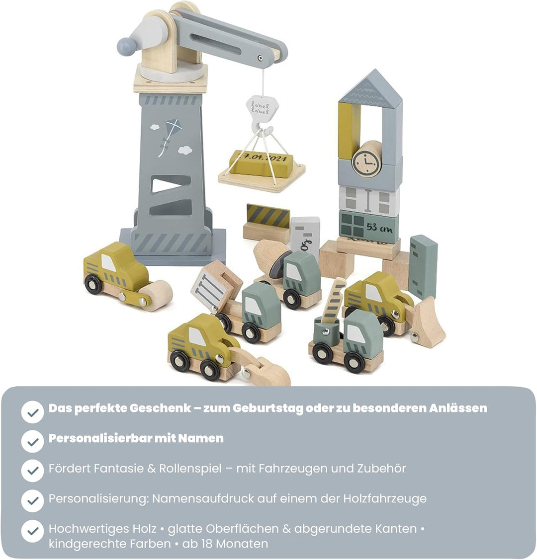 Personalisierbares Holz-Baustellen-Set – Fahrzeuge & Zubehör für Rollenspiele – für Kinder ab 3 Jahr