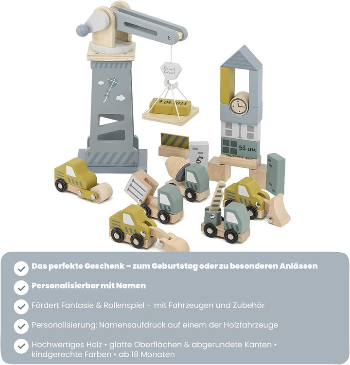 Personalisierbares Holz-Baustellen-Set – Fahrzeuge & Zubehör für Rollenspiele – für Kinder ab 3 Jahr