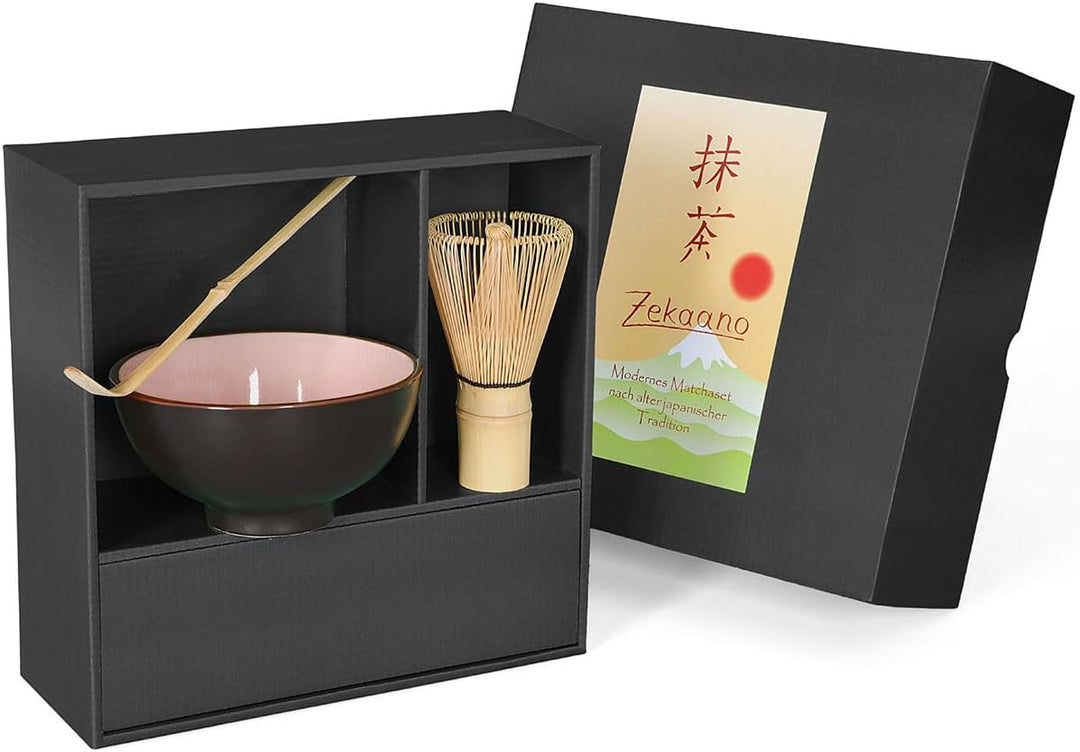 Matcha-Set 3-teilig rosa, bestehend aus Matcha-Schale, Matcha-Löffel und Matcha-Besen (Bambus) in Ge