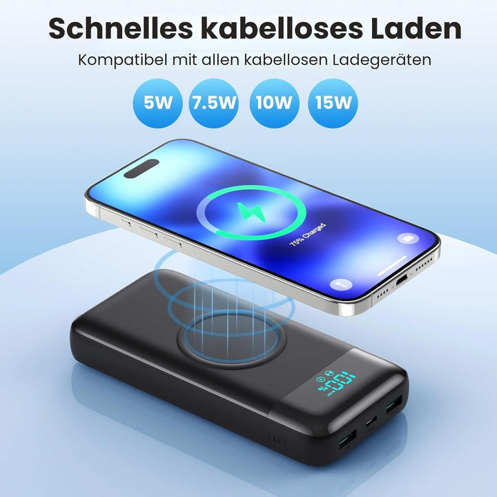 Wireless Power Bank 26800mAh mit 3 Kabel, 7 in 1 25W PD3.0+QC4.0 Schnellladen USB C Powerbank, 6 Aus