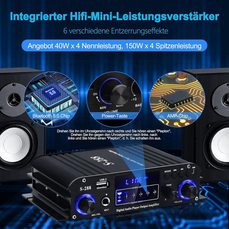 HiFi Verstärker S-288 600W Mini Bluetooth Stereo Audio Verstärker Receiver 12V/ 220V 4 Kanäle Digita