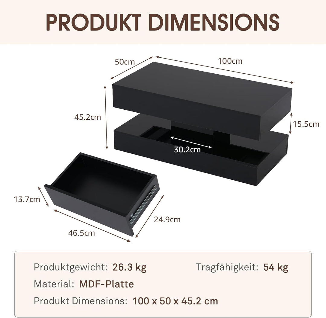 OC Orange-Casual Schwarz Couchtisch im Hochglanz, Moderner Kaffeetisch mit 2 Schuhbalden, Rechteckig