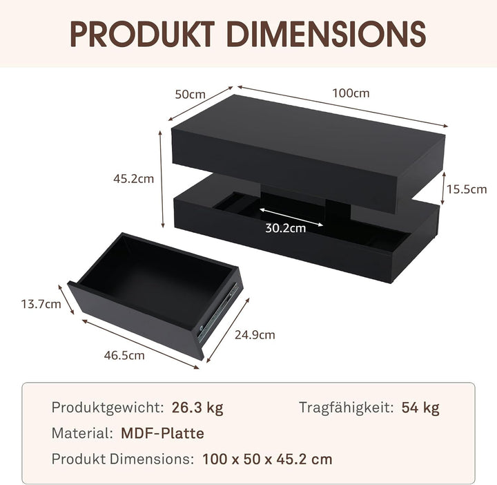 OC Orange-Casual Schwarz Couchtisch im Hochglanz, Moderner Kaffeetisch mit 2 Schuhbalden, Rechteckig