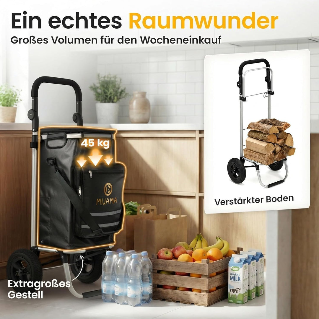 Einkaufstrolley klappbar mit Lufträdern 45 kg – Einkaufswagen faltbar wasserabweisend mit Kühlfach –