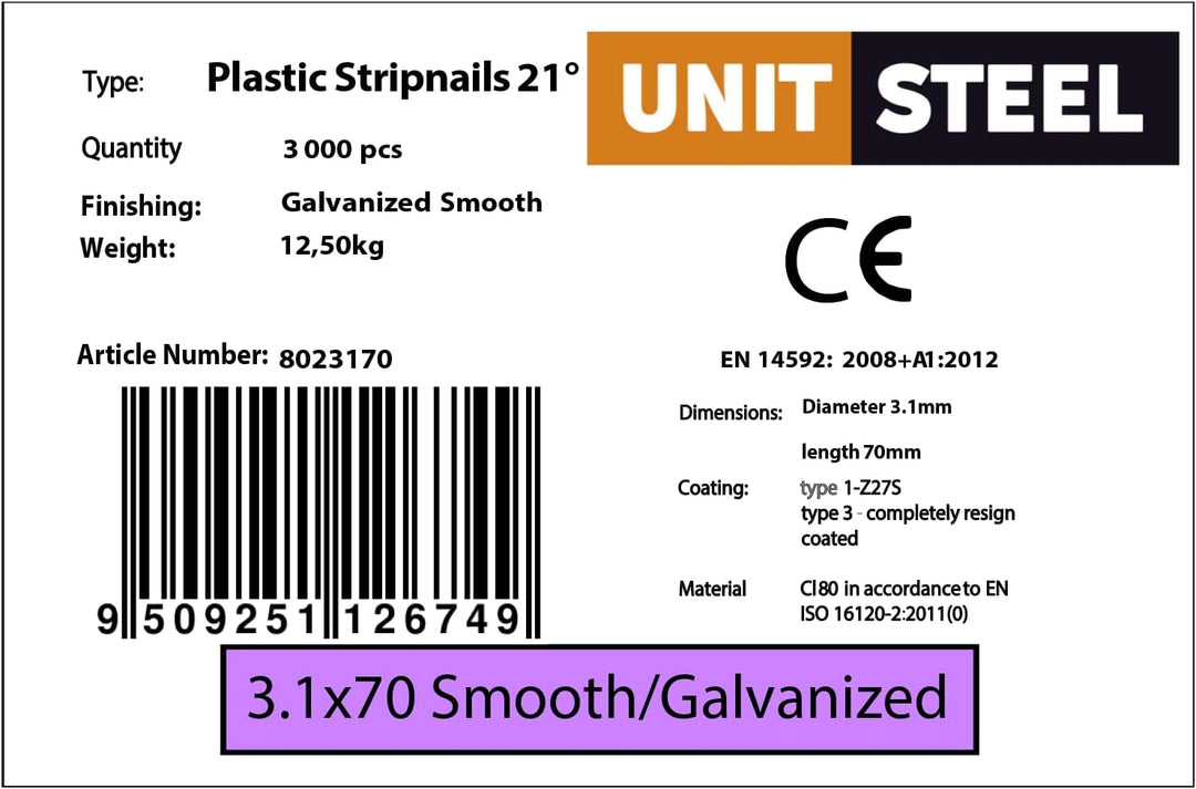 21° Rundkopf Streifennägel - 3,1X70mm, 3.000 stück, Nägel für Druckluft-Nagler, Glatt/verzinkt, für