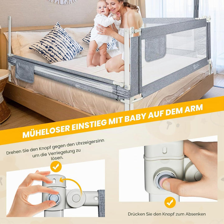 Bettgitte 180cm, Kinderbettgitter für Kinder Baby, Rausfallschutz Bett mit Vertikaler Hebe und Falls