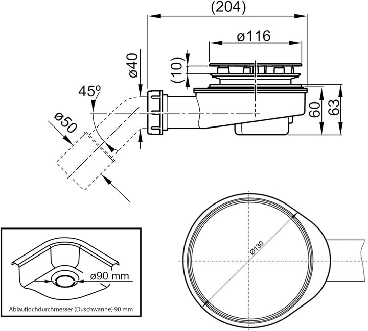 Aquabad Ablaufgarnitur Set für Duschwanne extraflach A9.200 in Chrom Abdeckung 90mm Gratis Haarfänge