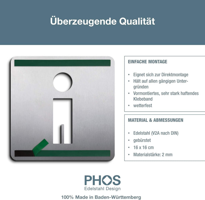 PHOS Design, PS0301S, WC Türschild Mann, 16 x 16 cm, Edelstahl geschliffen, mit abgerundeten Ecken,