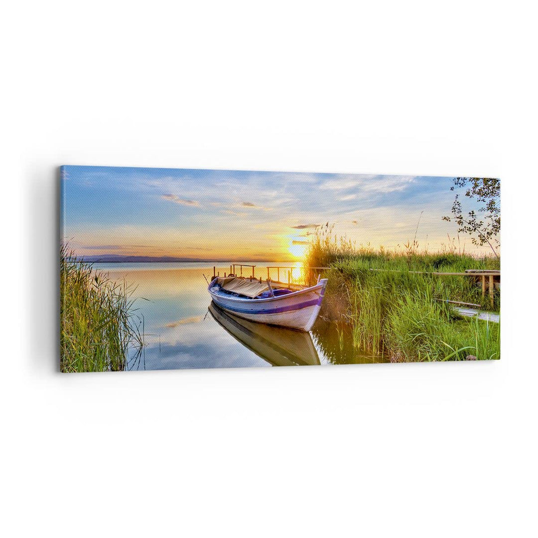 Panorama Bilder auf Leinwand 100x40cm Leinwandbild mit Rahmen See Boot Wasser Gross Wanddeko Bild Sc