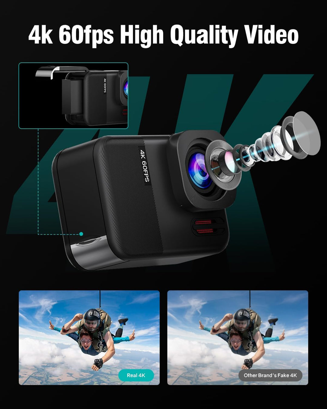 TIMNUT 4K60fps Touchscreen Action Cam, Unterwasserkamera mit 64G SD Karte 48MP WiFi Kamera 8X Zoom,