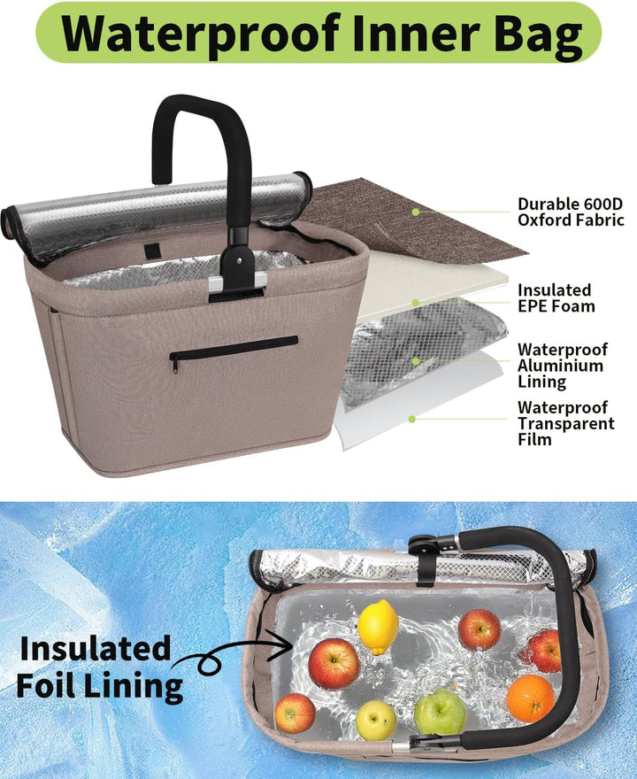 35L Kühltasche Einkaufskorb Faltbar mit 2 Stützstangen, Grosse Isolierte Kühlkorb mit Aluminium Grif