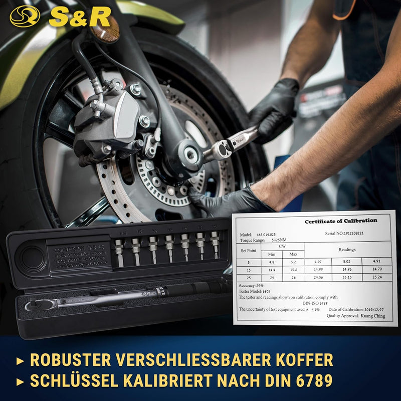 S&R Drehmomentschlüssel Fahrrad & Motorrad SET 1/4", 272 mm, Messbereich 5 bis 25 Nm inkl. 7 Bits: H