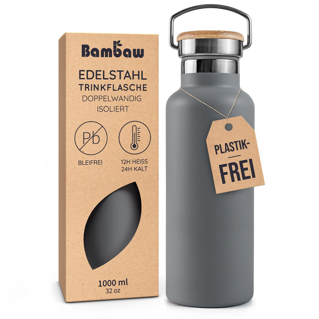 Bambaw Trinkflasche Thermo 1l, Thermosflasche Grau, Edelstahl Trinkflasche, Wasserflasche 1l, Metall