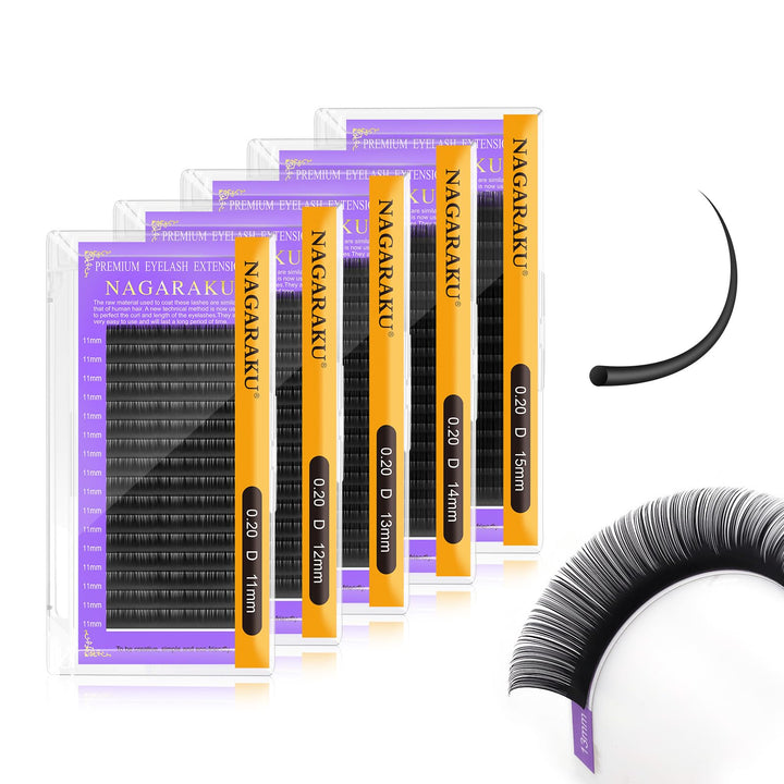 NAGARAKU 5 Tabletts 11/12/13/14/15mm 0.20 D Curl Einzelwimpern Individuell Wimpernverlängerung Dauer
